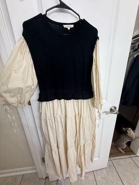 Cream Tiered Puff-Sleeve Dress with Black Knit Vest midi